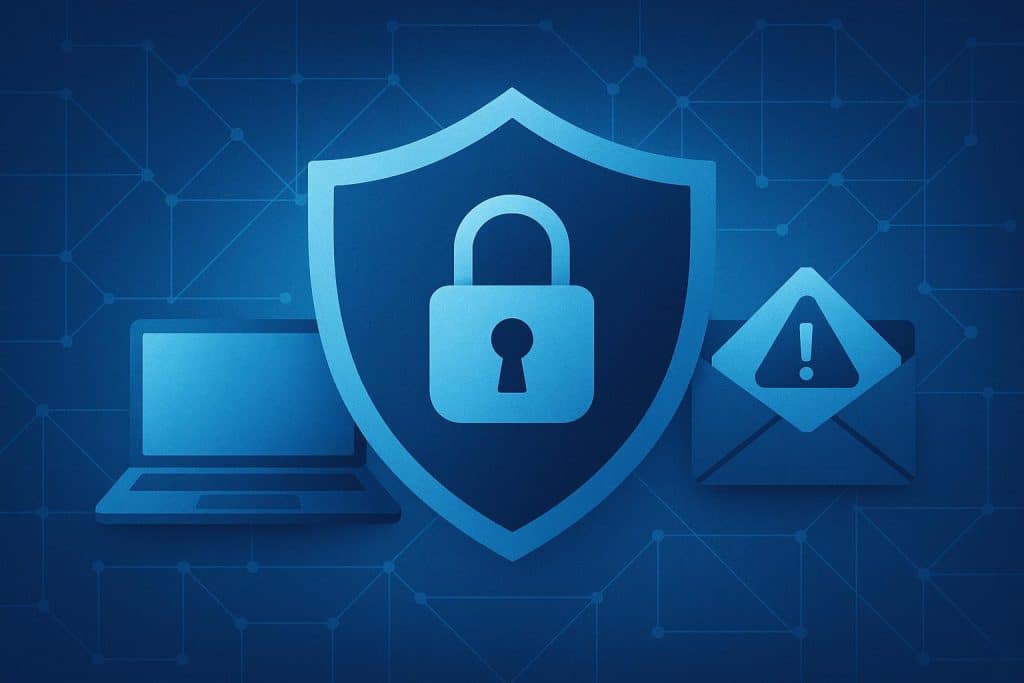 Shield icon and digital padlock symbolizing cybersecurity awareness and online protection