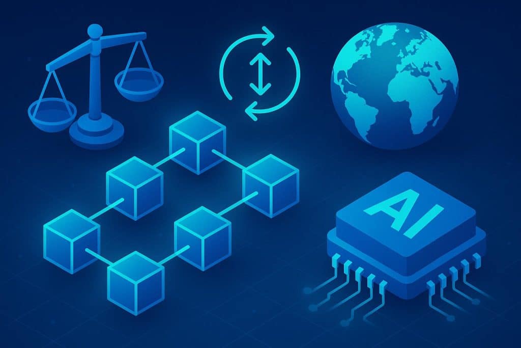 Blockchain network connections, AI integration, and global regulation themes visualized for 2025 trends