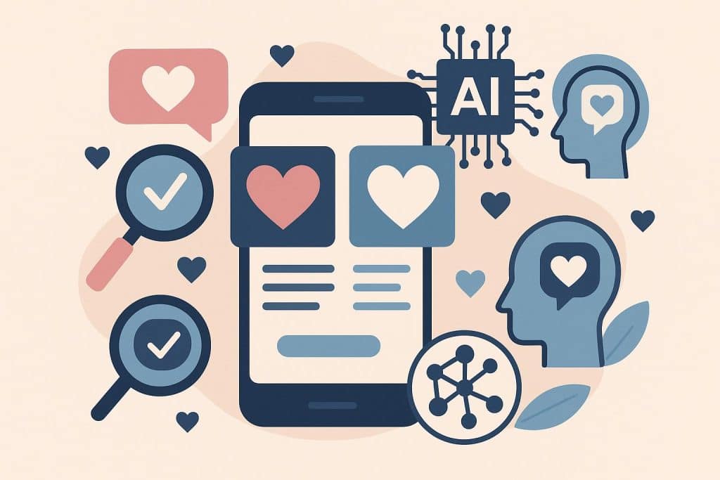 AI technology analyzing dating profiles and matching interests with emotion recognition features