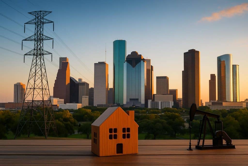 Downtown Houston skyline with energy and tech industry buildings symbolizing real estate growth