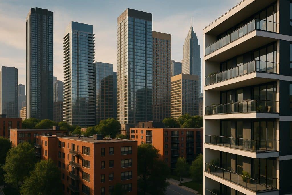 Modern city skyline with innovative residential buildings and green urban spaces