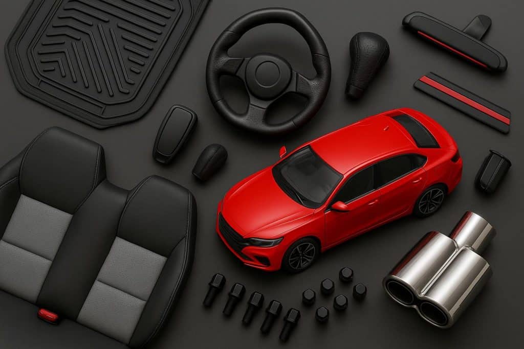 Custom car accessories display showcasing profitable products for automotive entrepreneurs
