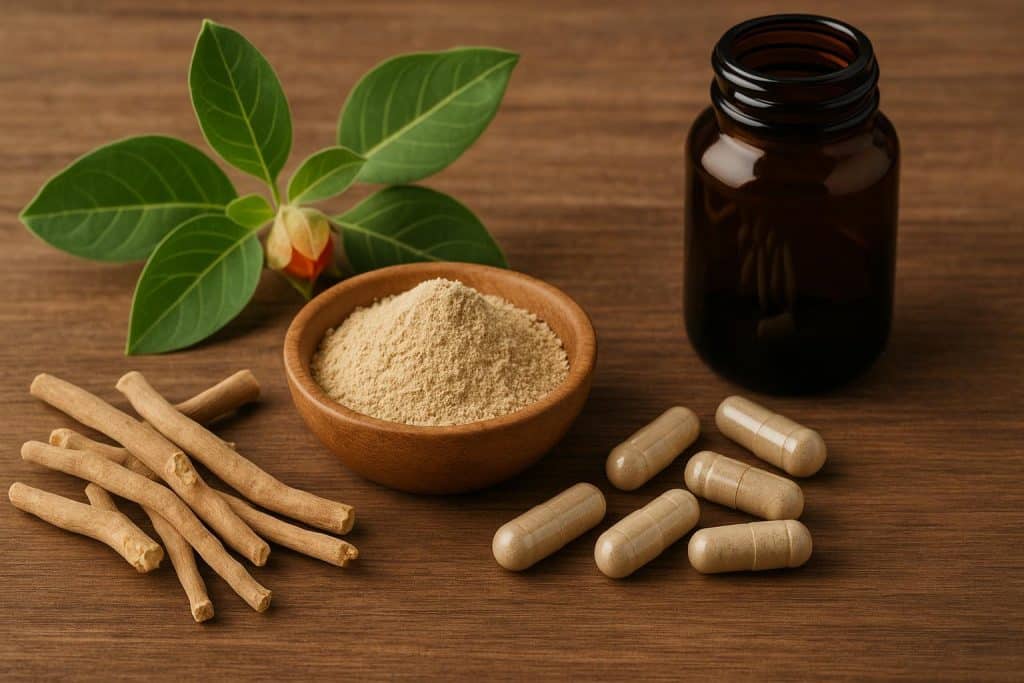 Ashwagandha root and supplements arranged on a table to promote natural wellness benefits