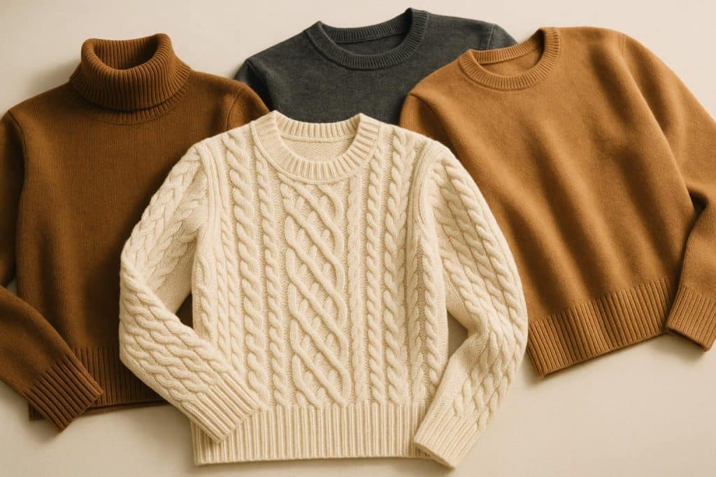 Luxury designer sweaters in classic styles neatly folded on a boutique display table.