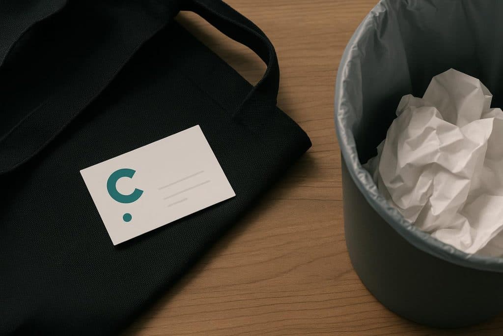 Business cards exchanged at a conference, networking and professional connection concept