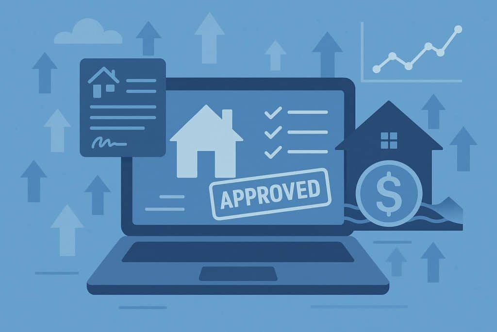 Digital mortgage application on laptop screen with financial graphs illustrating online lending trends