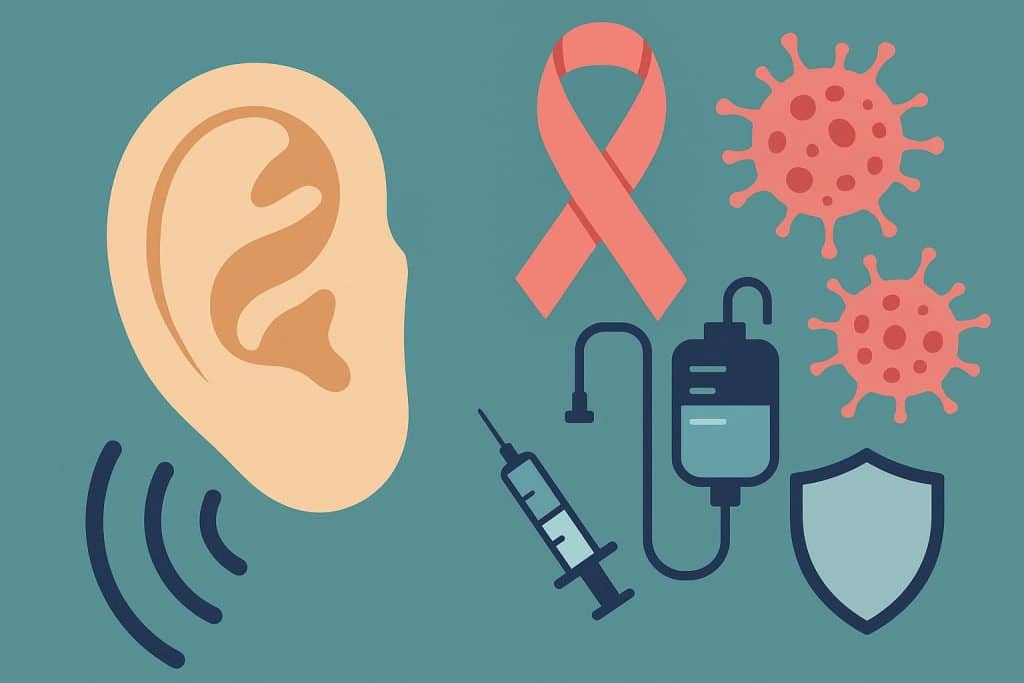 Chemotherapy drugs and hearing aid depicting the link between cancer treatment and hearing loss
