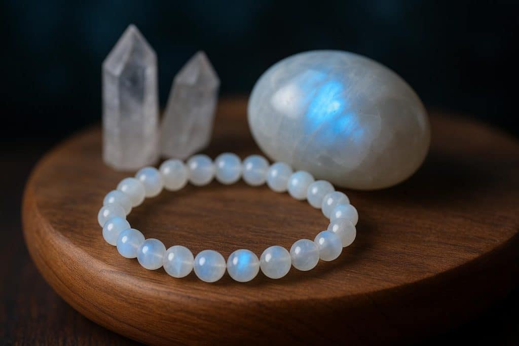 Moonstone bracelets arranged on a crystal surface, symbolizing emotional balance and spiritual energy