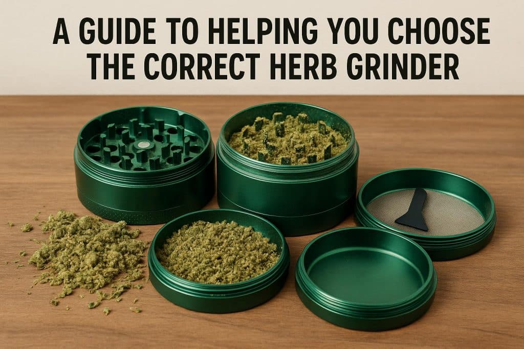 Herb grinder with dried herbs on wooden table, highlighting different types for selection