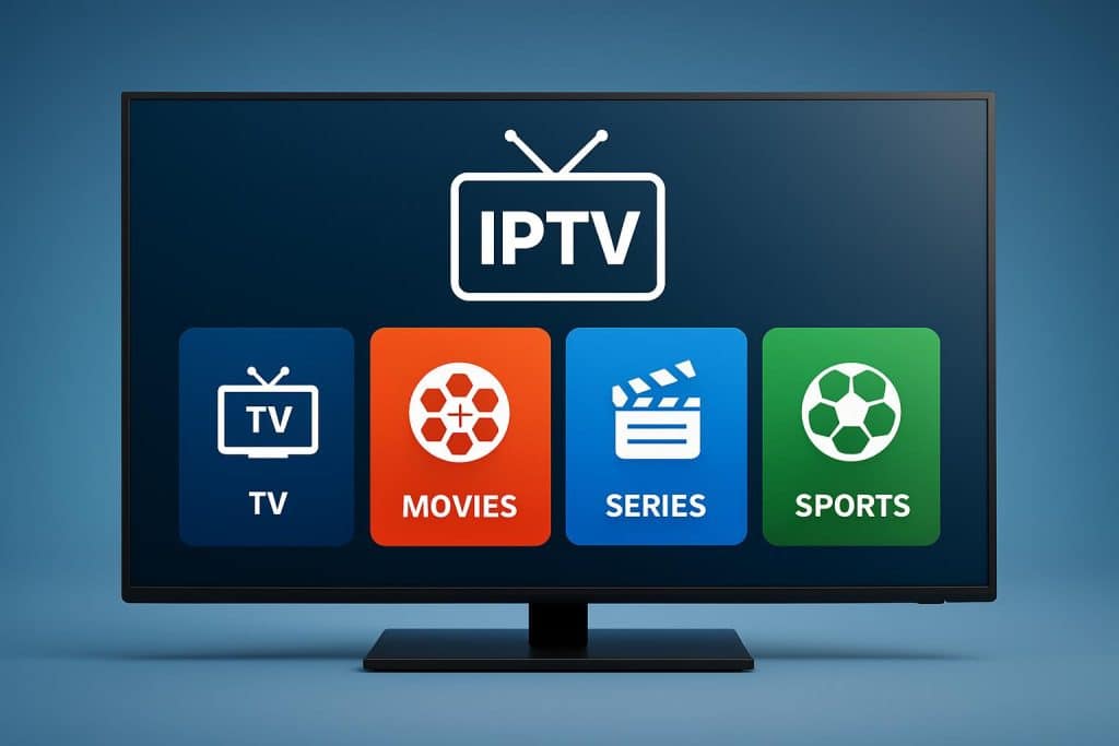 IPTV streaming service interface displaying live TV channels and popular entertainment options