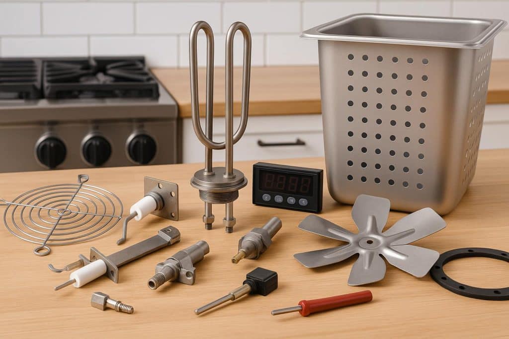 Assorted kitchen equipment parts and tools arranged for identification and selection guide