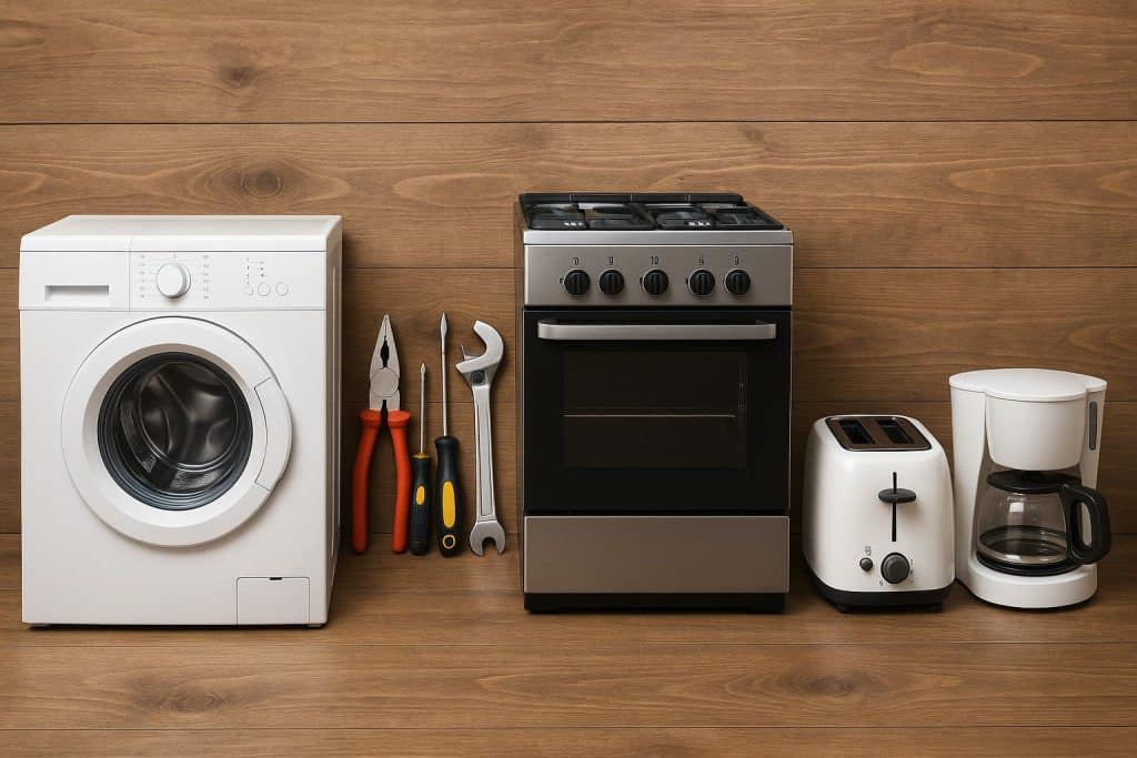 Kitchen appliances with warning symbols representing common household appliance problems