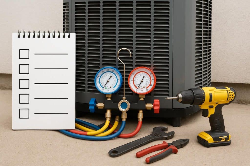 Professional technician performing HVAC maintenance with tools, highlighting seasonal checklist tasks