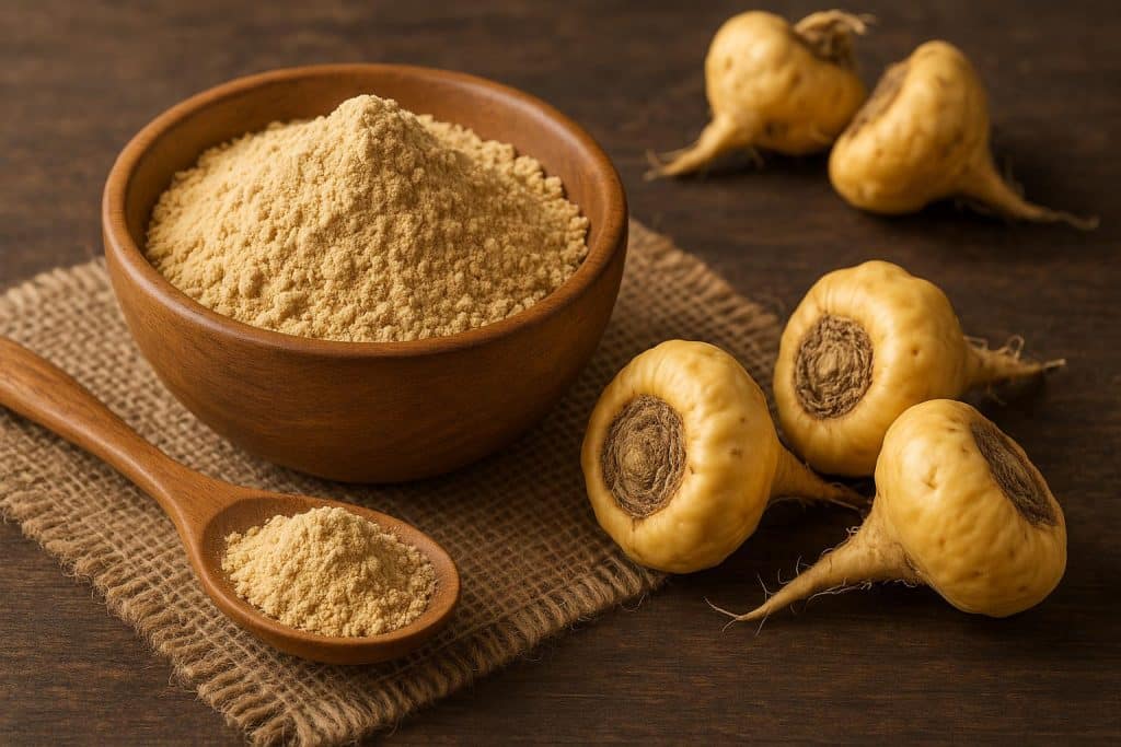 Maca root powder and fresh maca roots on rustic wooden table, natural energy supplement