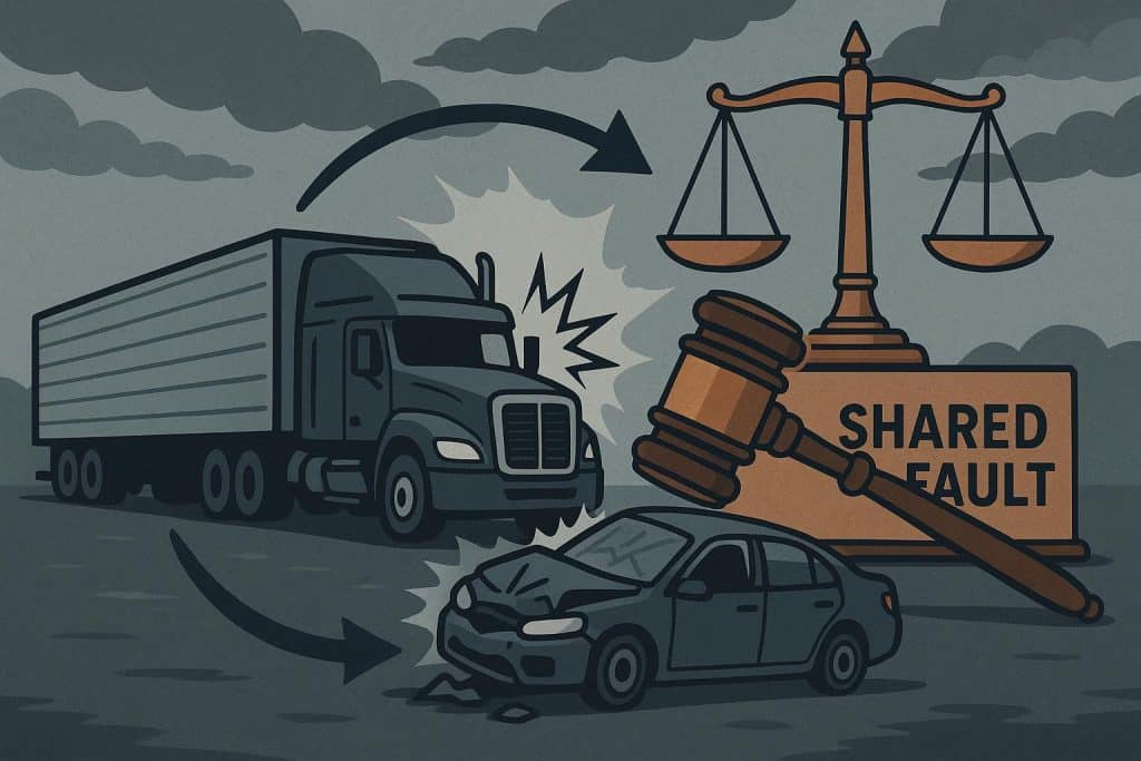 Truck accident lawyer presenting evidence to dispute shared fault claims from trucking company