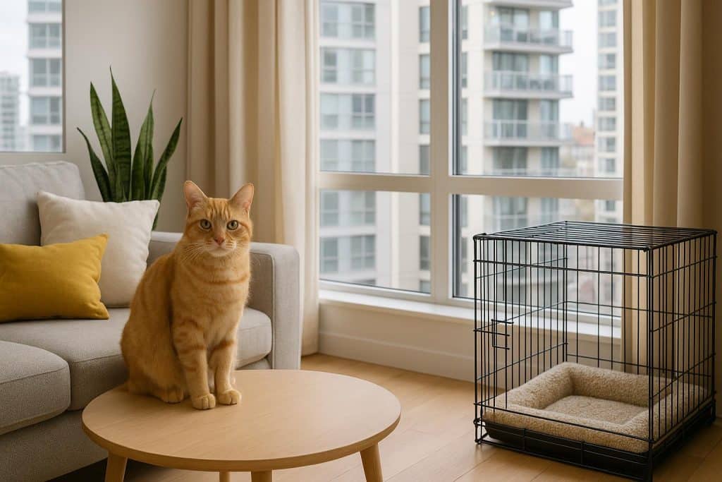 Happy dog relaxing on a balcony of a modern condo building, pet-friendly living concept