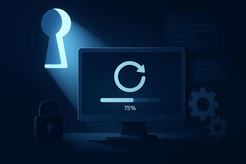 Abstract illustration of software update progress on digital devices, highlighting cybersecurity importance