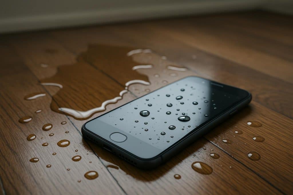 Smartphone drying with silica gel packets after water damage, urgent repair concept