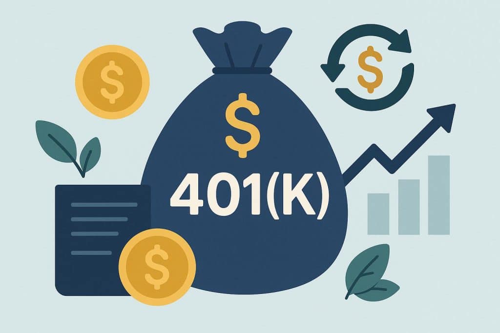 401(k) matching concept with tech-themed graphics, coins, and growth chart for employees