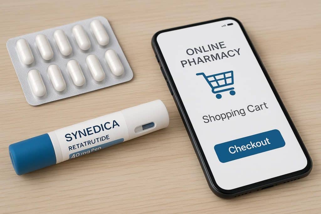 Synedica Retatrutide 40mg pen product with online purchase concept for patient medication choices