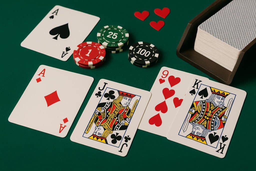 Baccarat game table with playing cards and casino chips representing popular casino card game