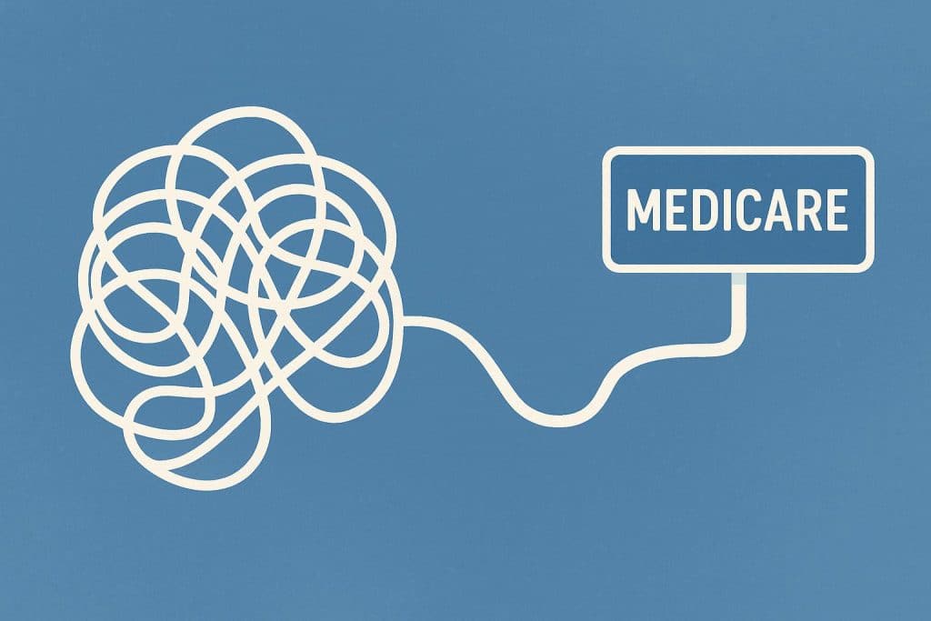 Medicare paperwork, guidebooks, and stethoscope illustrating simplified healthcare navigation