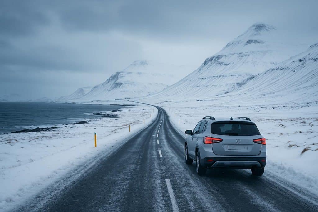 Snowy Icelandic road with rental car near Reykjavik, showcasing safe winter driving conditions