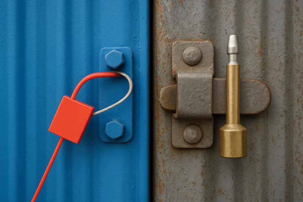 Plastic and metal cargo seals displayed side by side, highlighting differences in design and use