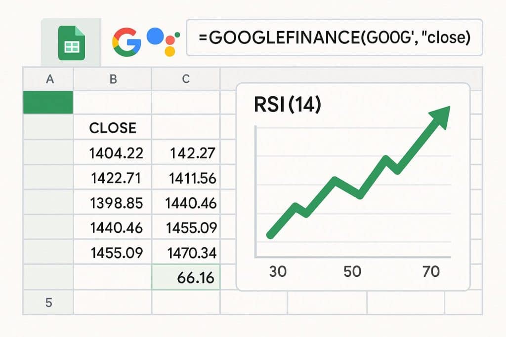 Google Sheets displaying 14-day RSI formula results with finance charts and analysis data