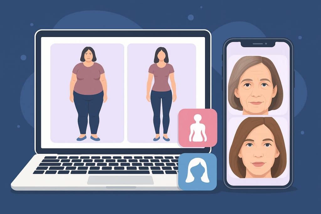 AI age and fat filter tools for body and face makeover by RightHair.ai digital transformation