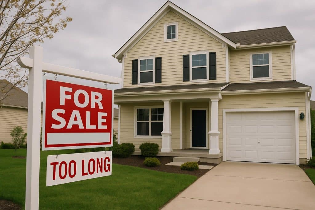 For sale sign in front of suburban house symbolizing a home lingering on the real estate market