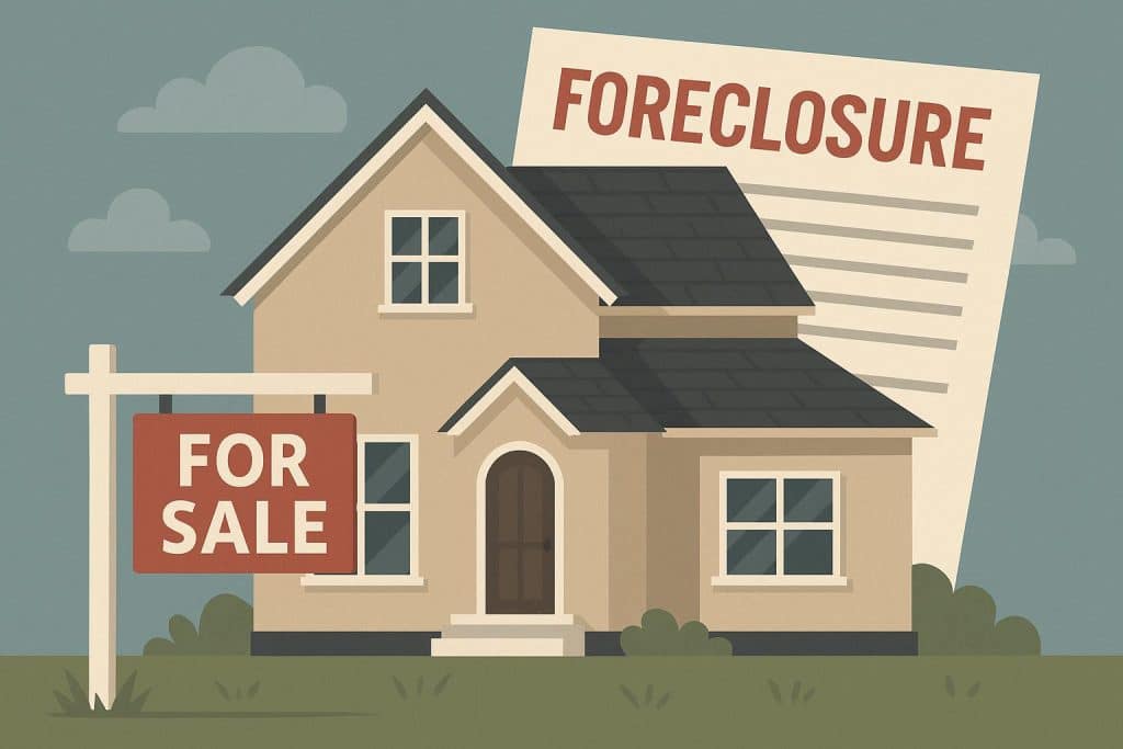 For sale sign in front of house with foreclosure notice, illustrating quick home selling benefits