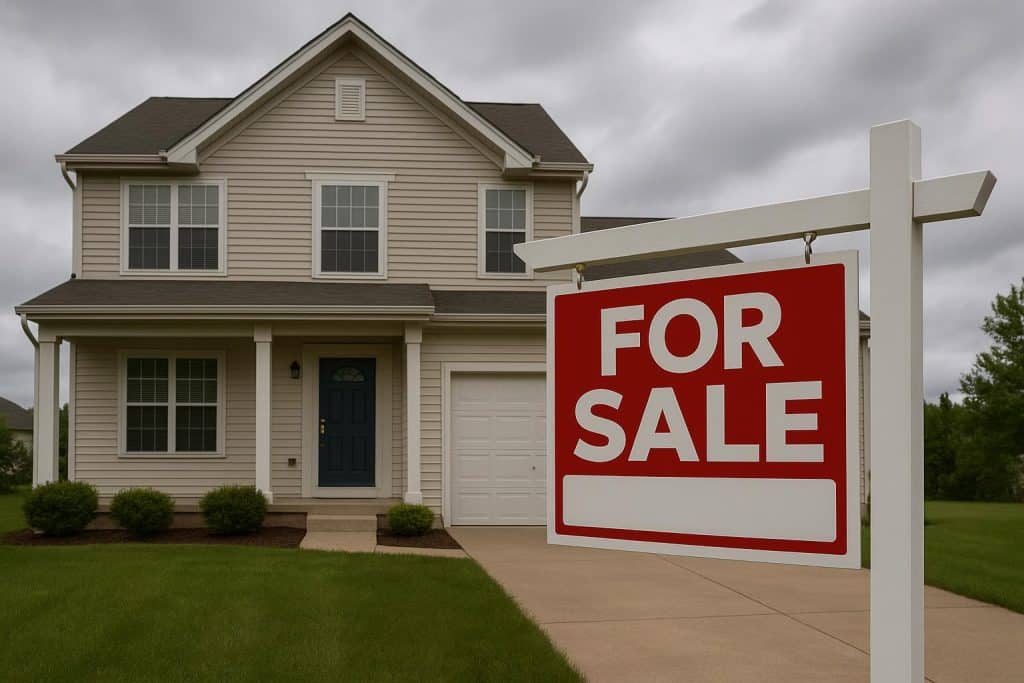 For Sale sign in front of a house representing quick home selling solutions for late payments