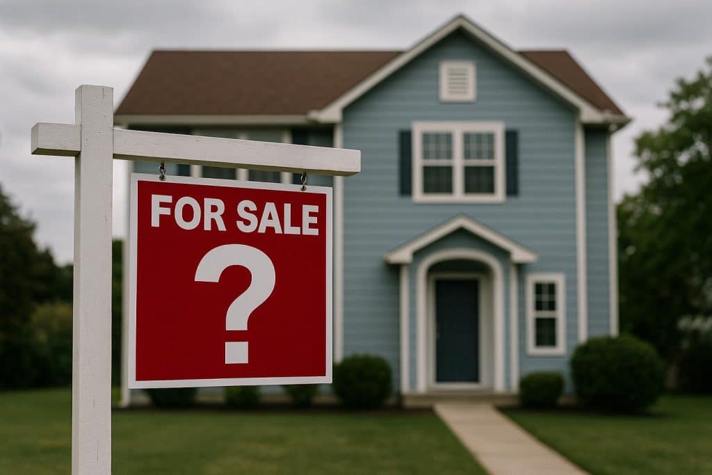 For-Sale sign in front of house with overgrown lawn, representing a property on the market too long