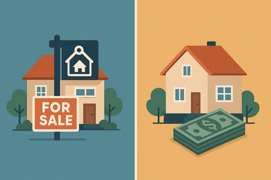 Illustration of house with realtor sign and cash buyer options for home selling comparison