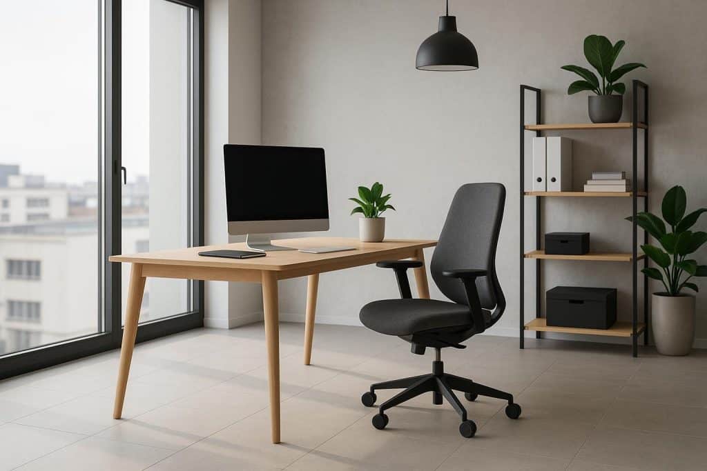 Contemporary office setup with ergonomic furniture, technology, and organized workspace essentials