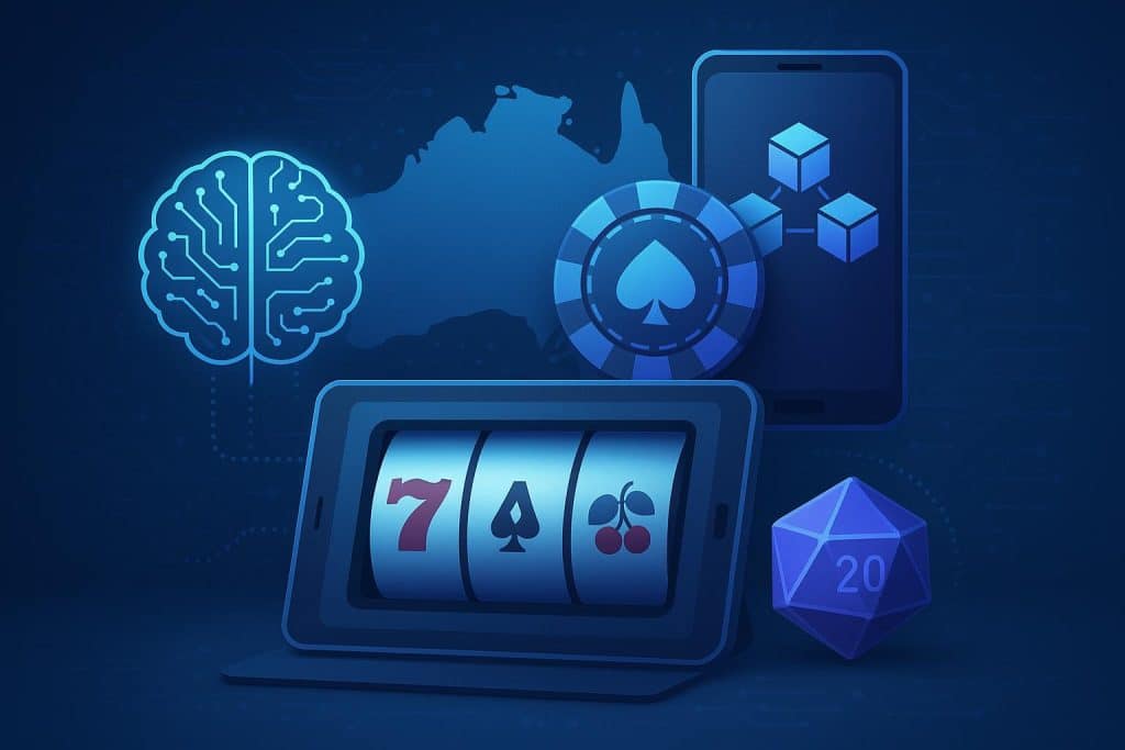 Australian iGaming industry innovation with digital technology icons and casino game elements