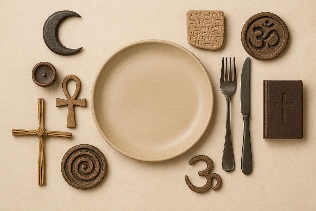 Traditional foods and symbolic items representing fasting rituals from different world cultures