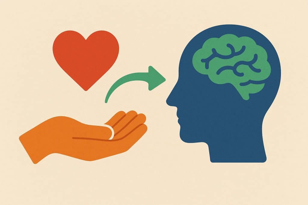 Hands exchanging a heart symbol, illustrating generosity and positive mental health connection
