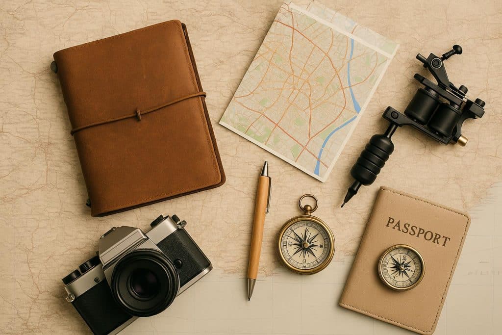 Tattoo machine and ink on travel map, symbolizing finding local tattoo artists when traveling