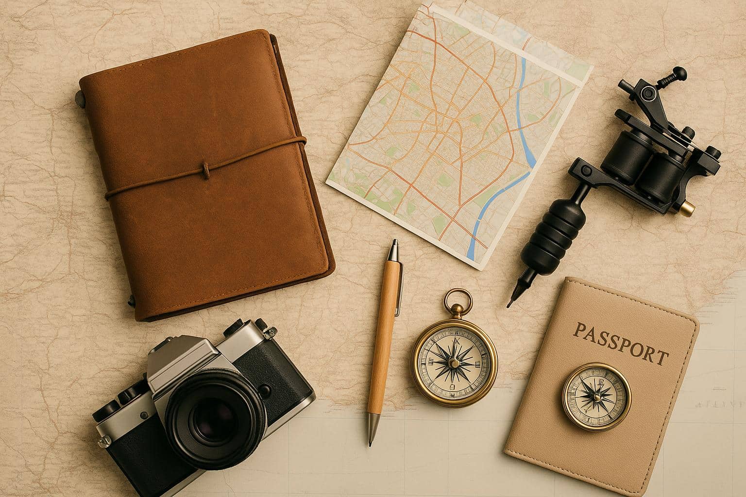 Tattoo machine and ink on travel map, symbolizing finding local tattoo artists when traveling