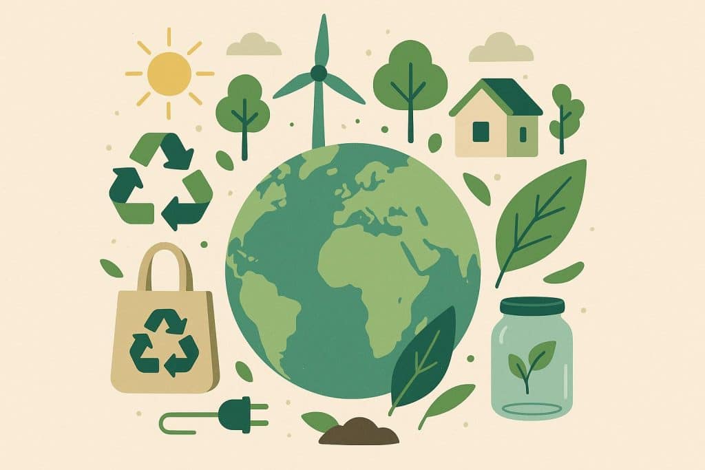 Sustainable products and recycling symbols promoting eco-conscious practices and green living