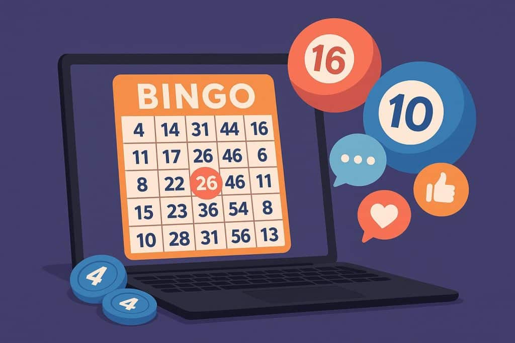 Colorful online bingo cards and chat bubbles on a digital screen illustrating social gaming trends