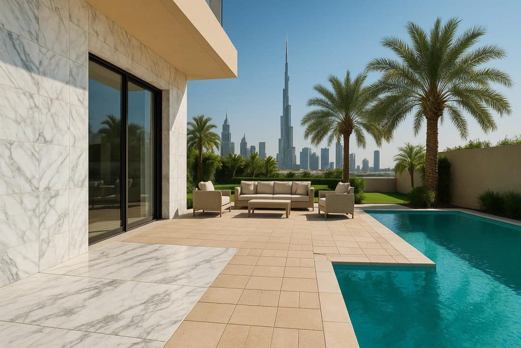 Modern Dubai home exterior with marble pathways and stylish outdoor tile landscaping.