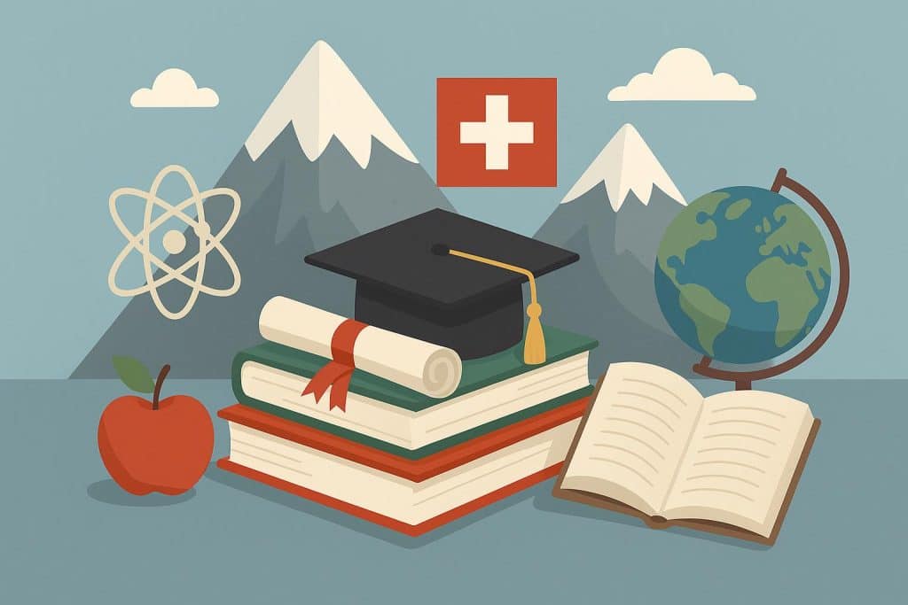 Swiss boarding school campus with elegant buildings, showcasing top academic curriculum offerings
