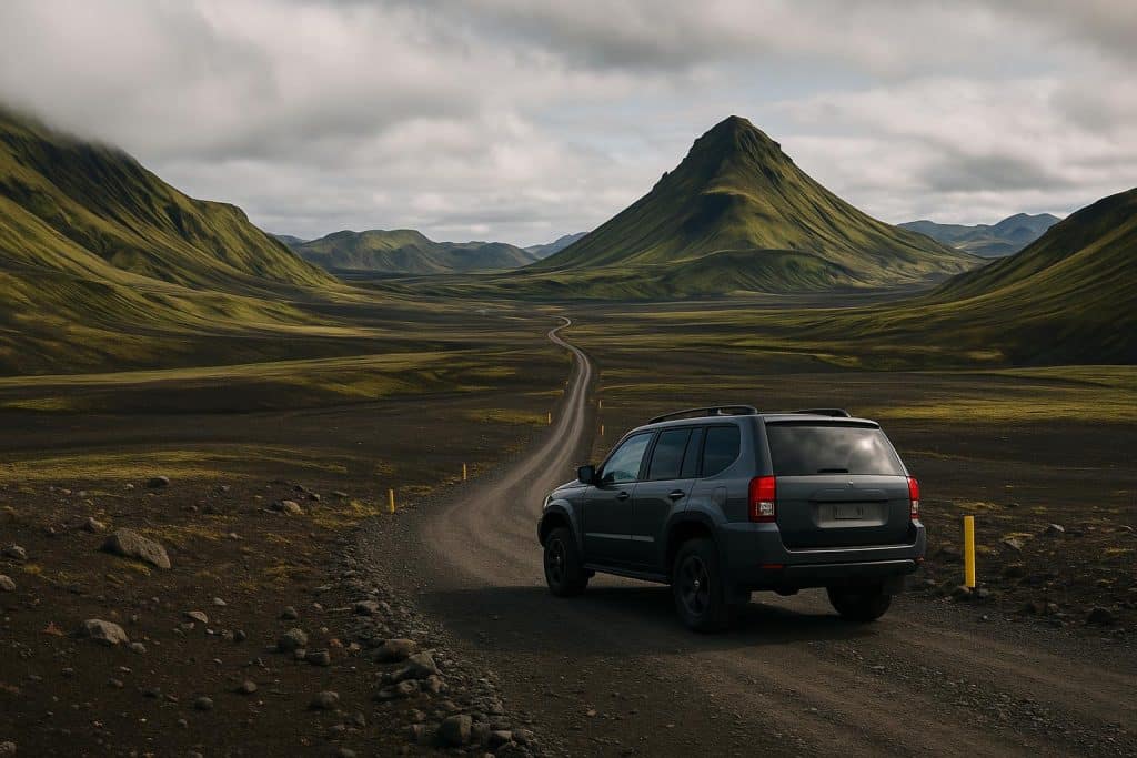 4x4 vehicle navigating rugged F-road landscape in Icelandic Highlands under dramatic sky