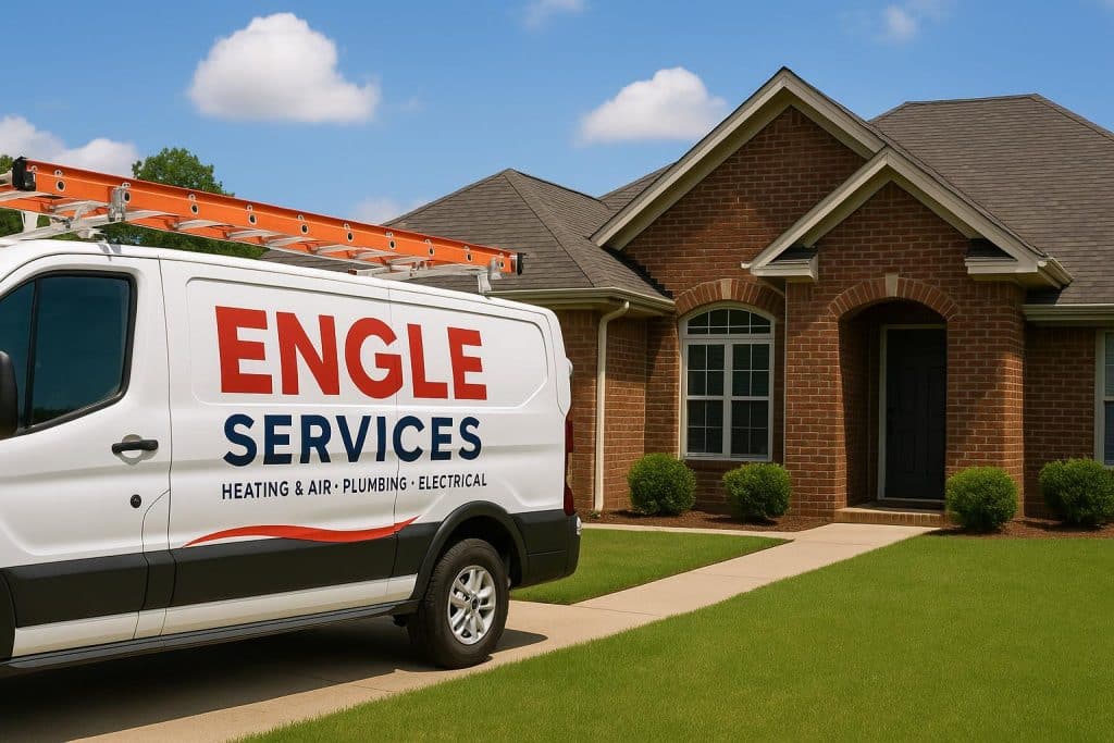 Engle Services technician servicing residential HVAC unit for heating and air in Alabama