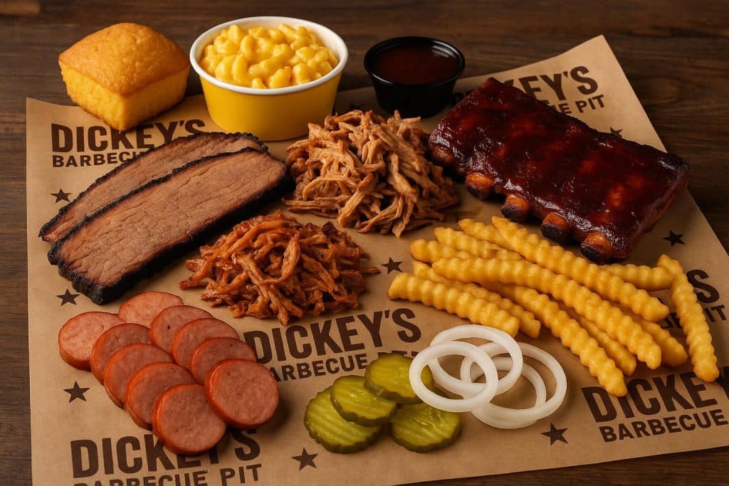 Dickey’s Barbecue restaurant exterior with branded signage and rustic decor elements