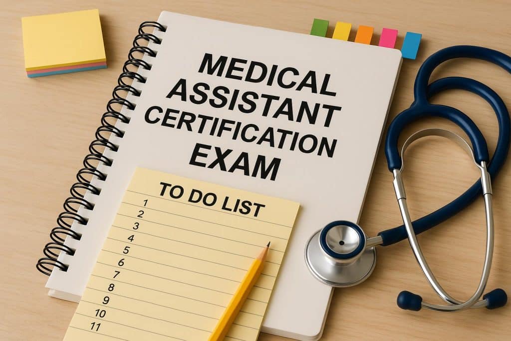 Medical assistant reviewing study materials for certification exam preparation tips