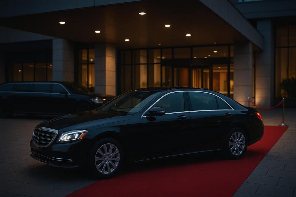 Luxury chauffeur car parked at event venue entrance with elegant signage in the background.